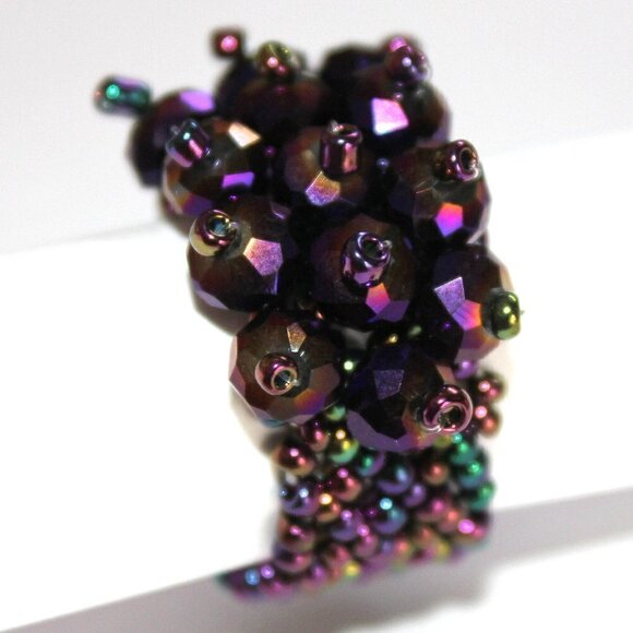 Dark Purple Aurora Borealis Faceted Crystal Seed Bead One Size Stretch Ring 7-10 - Picture 3 of 5